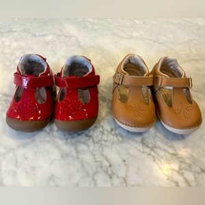 2 pairs of stride rite size 4m maryjanes - red patent and lt brown leather